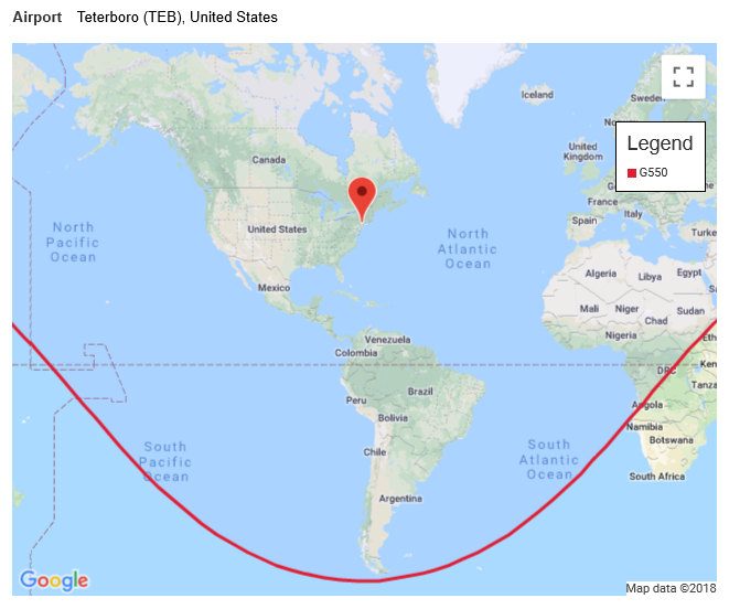 Gulfstream G550 range map